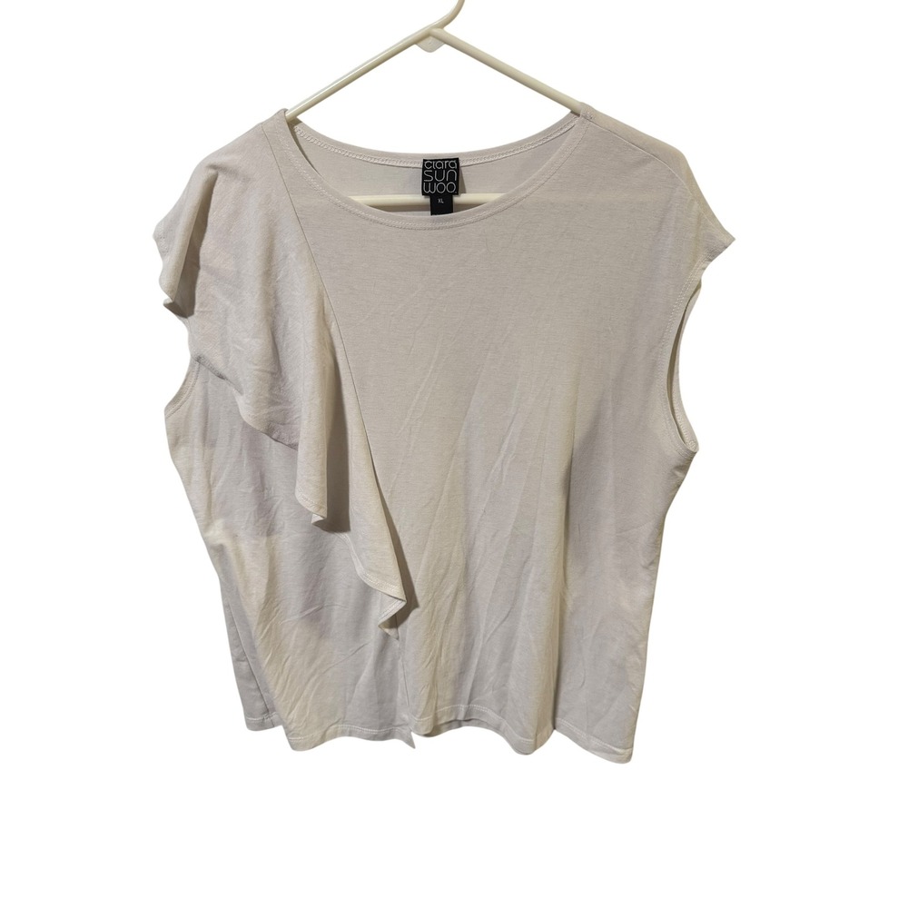 Clara Sunwoo Size XL Cream Ruffle Front Sleeveless Knit Top Round Neck USA Made